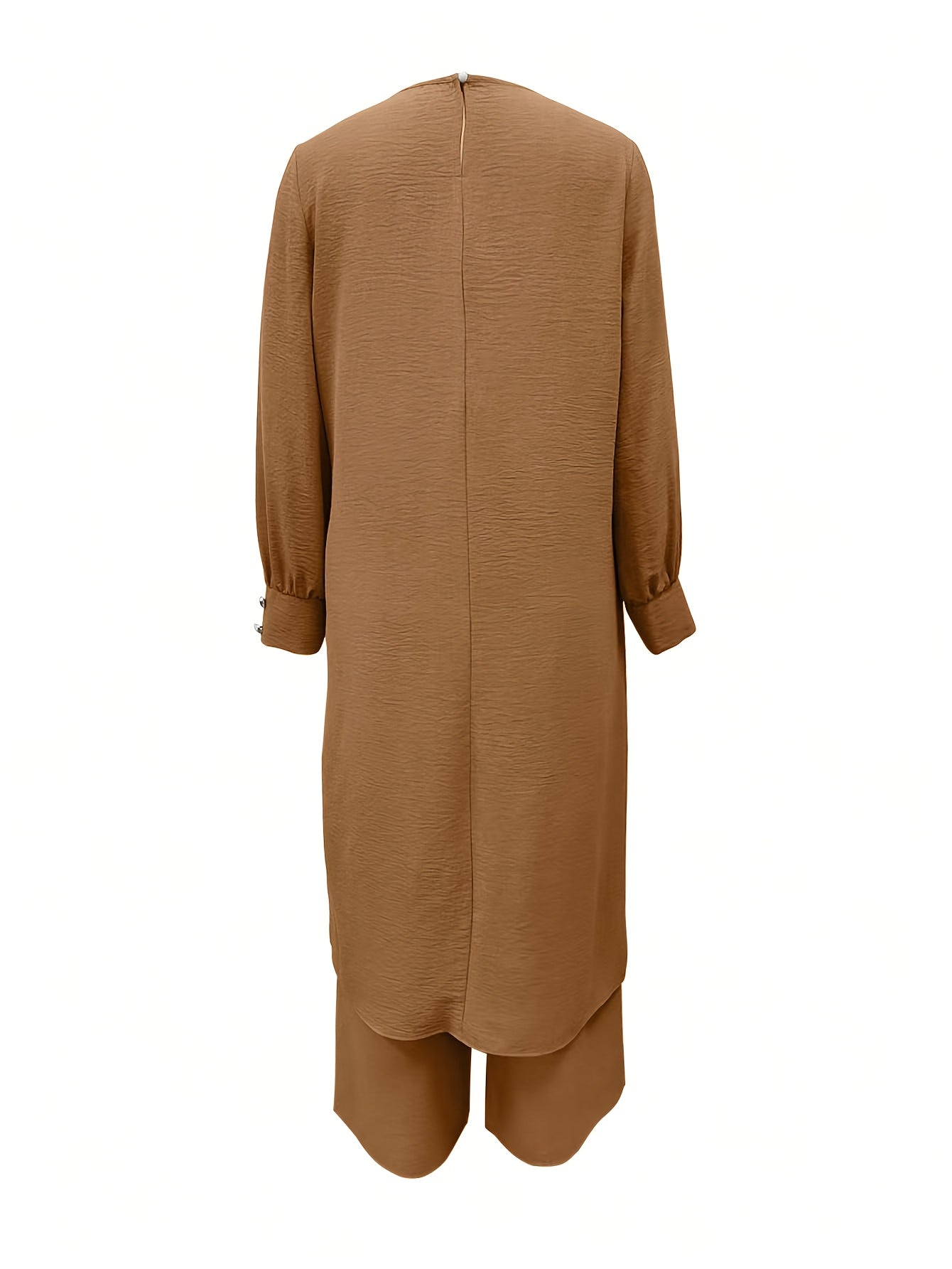 Ramadan Women'S Solid Color Button Design Long Sleeve Top and Pants Set, Arabic Style, Polyester, with Faux Button Detail, for All Seasons