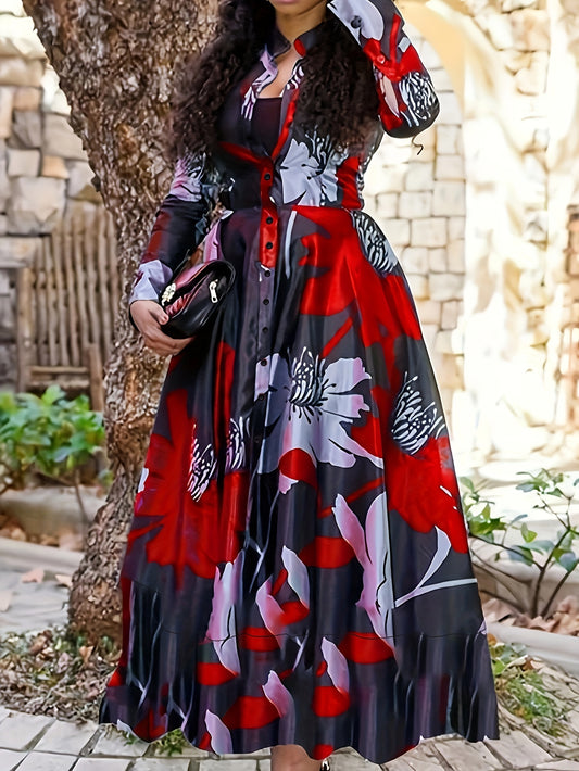 [Elegant Floral Dress] Elegant Floral Print Women's Long Dress | V-Neck, Ruching, Machine Washable, All-Season, Versatile, Casual to Formal Wear, Nontransparent Fabric