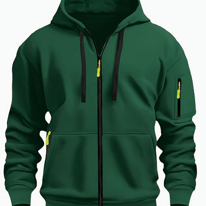 Men's Sporty Zip-Up Hoodie Jacket - Vibrant Orange with Black Zipper Accents, Polyester-Lined Comfort, Machine Washable Regular Fit for Autumn Winter Casual Outdoor Wear, Autumn Apparel