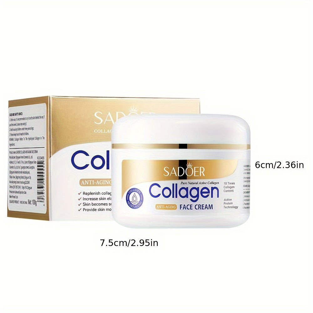SADOER Collagen Face Cream 100g - Hydrating & Firming, Alcohol-Free with Glycerin & Hyaluronic Acid for All Skin Types