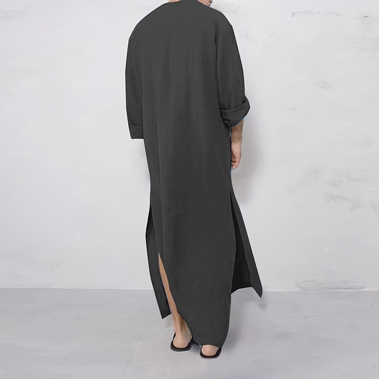 Southeast Asian Men's Loose Striped Round Neck Long Sleeve Muslim Robe Hoodie Pocket Middle Eastern Abaya