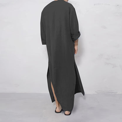 Southeast Asian Men's Loose Striped Round Neck Long Sleeve Muslim Robe Hoodie Pocket Middle Eastern Abaya