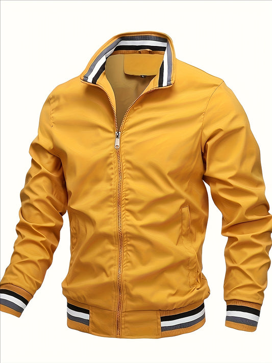 Men'S Retro Hip-Hop Baseball Jacket - Casual Sports Bomber with Stand Collar Zipper, Polyester Fabric - Perfect for Fall and Winter, Casual Weekend Wear, Casual Jacket|Hip Hop Style|Zippered Jacket