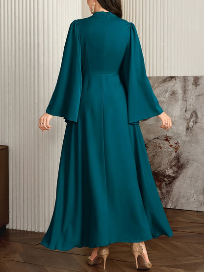 Elegant Teal Asymmetrical Long Dress with Bell Sleeves and High Neckline - Flowing A-Line Silhouette, Perfect for Formal Events, Formal Event Attire|Asymmetrical Hemline|Polyester Fabric