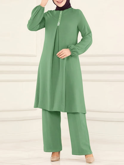 Two-Piece Set for Women Featuring a Simple Round Neck Shirt And Loose Long Pants (Headscarf Not Included).