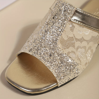 Women'S Glittery Mesh Shoes with Golden-Tone Metallic Accents - Breathable Open-Toe Slip-Ons, Non-Slip Rubber Sole for Travel, Vacation, Daily Wear & Festivals, Festival Footwear, Decorative Embellishments, Comfortable PU Ins