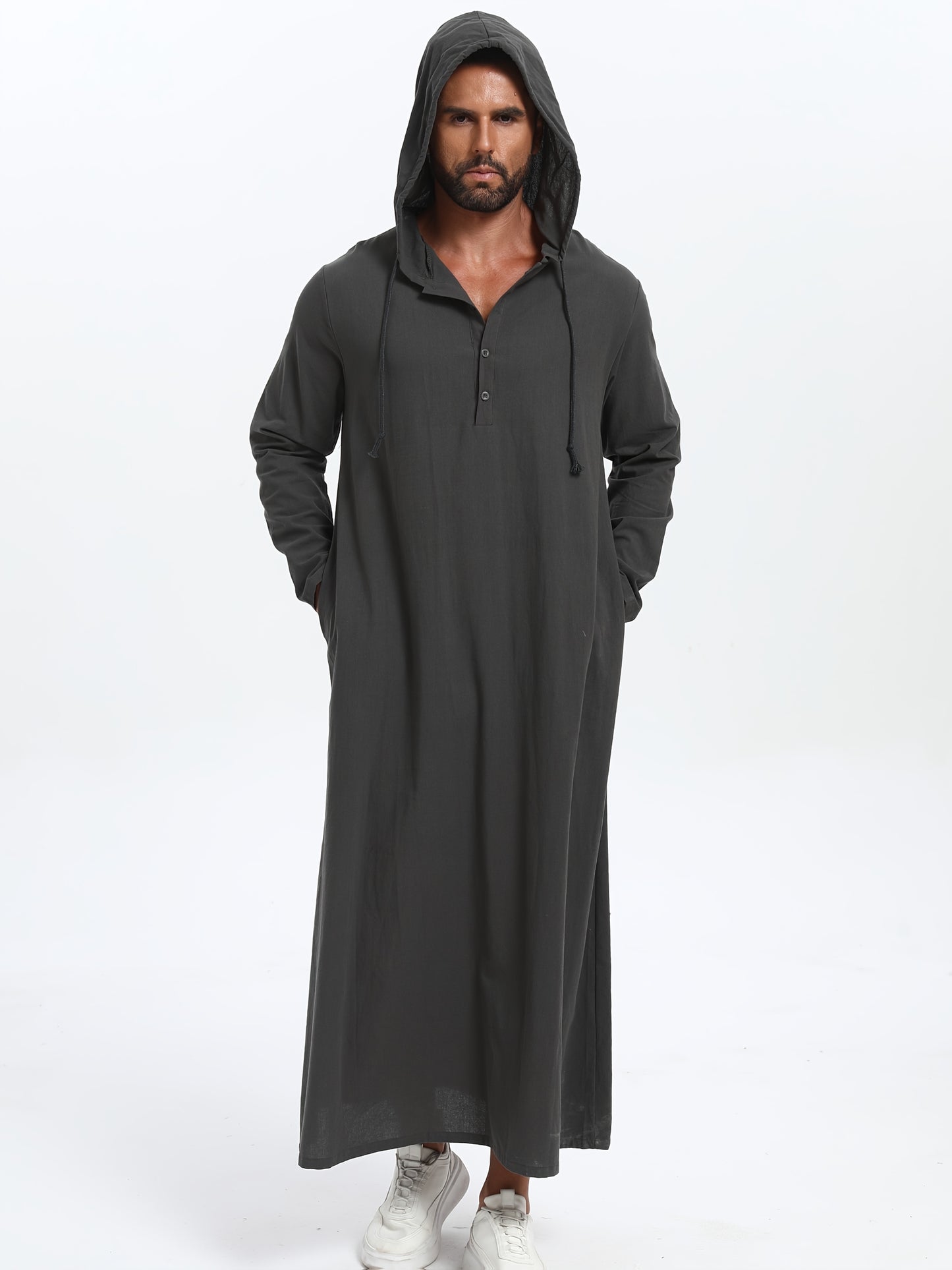 Men'S Arabic Hooded Robe - Traditional Islamic Full-Length Robe with Hood, Beige/Neutral Tones, Non-Stretch Fabric for Formal, Casual, Religious, Everyday & Special Occasions - Middle Eastern Cultural Attire, Muslim Dress, Fo
