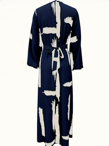 Women's Turkish Kaftan Dress - Navy & White Abstract Print Long Sleeve Midi Dress with Stand-Up Collar & Adjustable Waist Belt, Machine Washable All-Season Traditional Elegance for Casual or Formal Occasions
