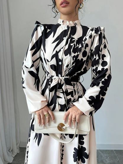 Women's Floral Print A-Line Dress with Puff Sleeves & Cinched Waist - Semi-Sheer Long Dress, Black & Floral Pattern, Stand-Up Collar, Machine Washable for Spring/Fall, Elegant Office to Party Wear, Floral Print Dress, Spring