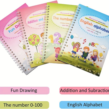 4pcs Magic Practice Copybooks Set for Kids, Reusable 3D Groove Writing Pad, Traceable Letters, Numbers, Painting and Math Workbooks for Preschoolers - Educational Handwriting Practice Ki