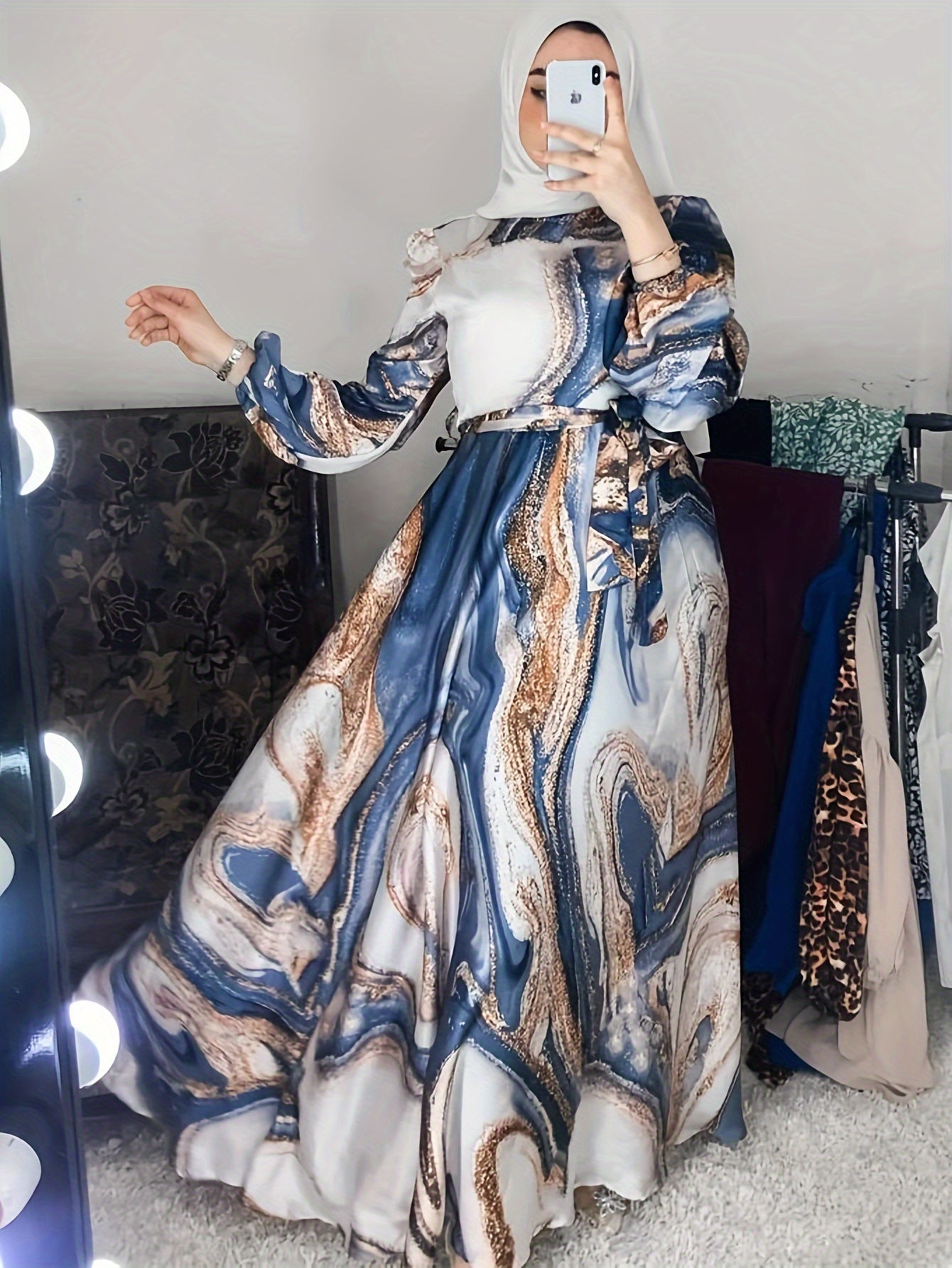 Vibrant Middle Eastern Inspired Print Long Dress - Dresses for Women - Polyester Woven Fabric, Round Neck, A-Line Skirt, Color Block Design, Comfortable and Stylish for All Seasons and Occasions