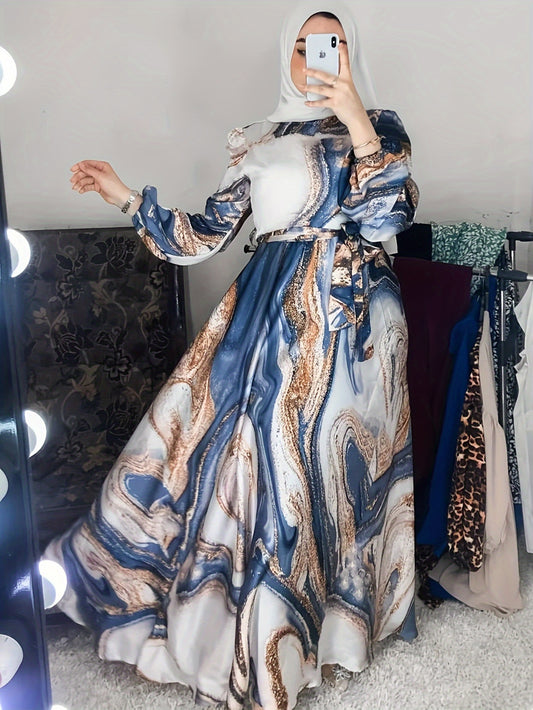 Vibrant Middle Eastern Inspired Print Long Dress - Dresses for Women - Polyester Woven Fabric, Round Neck, A-Line Skirt, Color Block Design, Comfortable and Stylish for All Seasons and Occasions