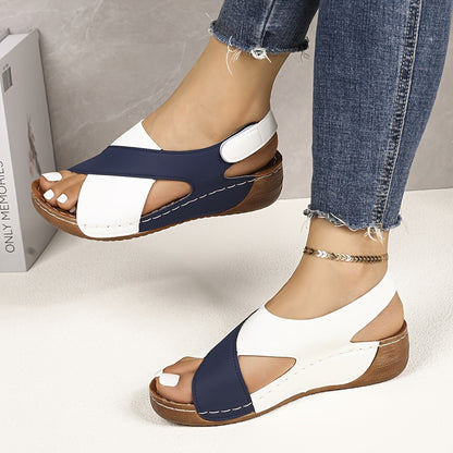 Women'S Color-Block Wedge Sandals - Open-Toe Summer Beach Shoes with Adjustable Hook-and-Loop Straps, Comfortable PU Upper & Cushioned Insole for Outdoor Wear, Strappy Sandals, Beach Footwear, Stylish Wedge Design, Durable Tr