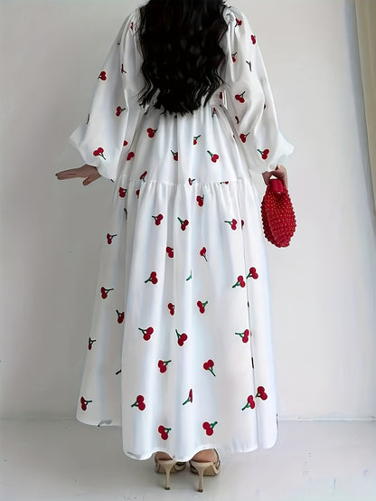 Elegant White Floral Print Long Sleeve Dress for Women - Polyester, Non-Stretch, Machine Washable - Perfect for Spring & Fall, All-Season Wear, Spring Fashion | Floral Print Dress | Polyester Fabric