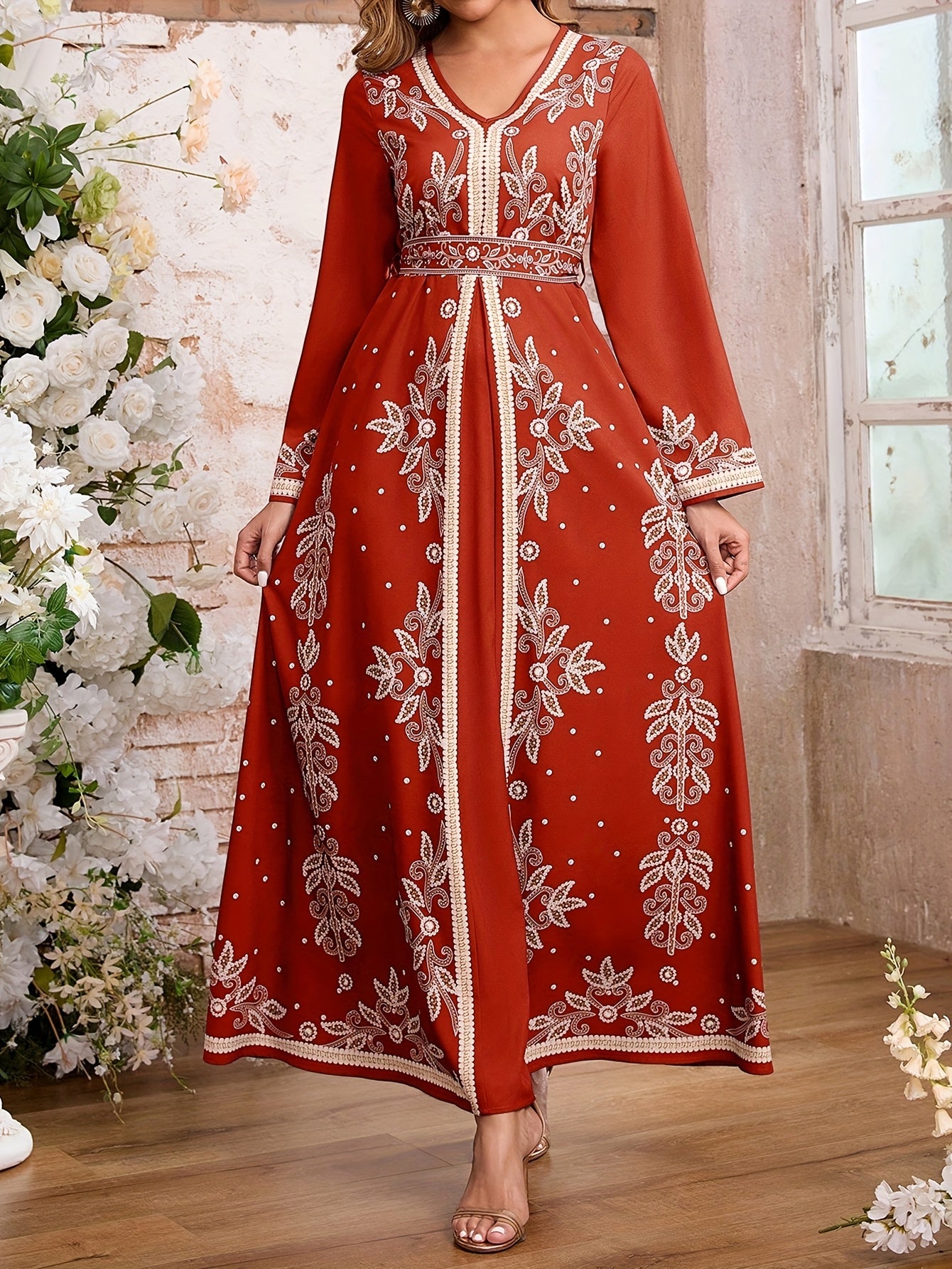 Women's Elegant Arabic Abaya Dress - Long Formal Muslim Wedding Gown with Floral Print, Navy Blue & Golden Islamic Rope for Everyday & Special Occasions - Machine Washable Non-See Through Islamic Clothing, Muslim Dress, Highq