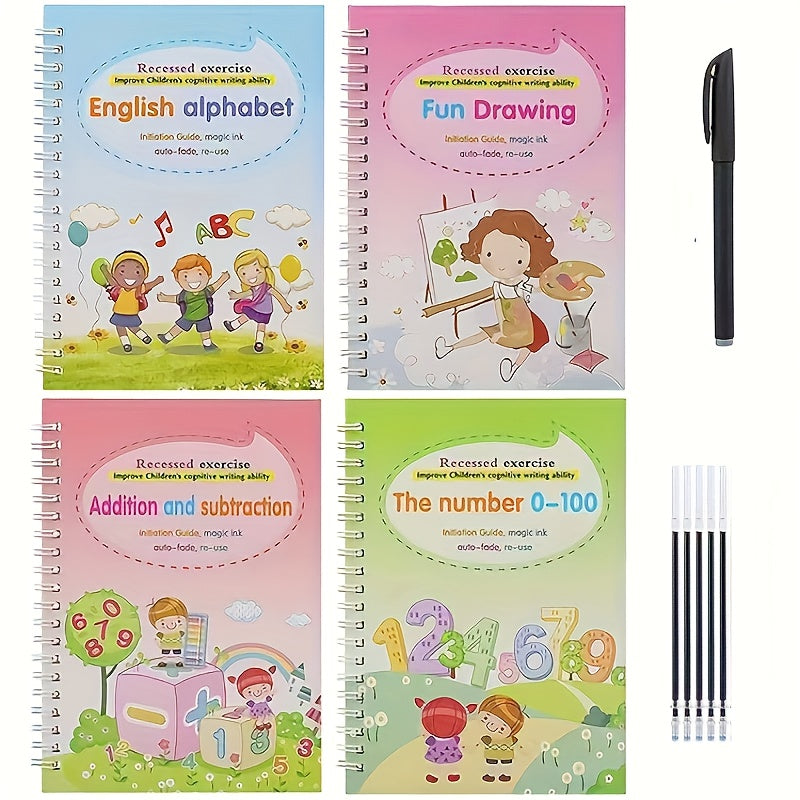 4pcs Magic Practice Copybooks Set for Kids, Reusable 3D Groove Writing Pad, Traceable Letters, Numbers, Painting and Math Workbooks for Preschoolers - Educational Handwriting Practice Ki