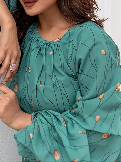 Women's Elegant Turquoise Green Boho Maxi Dress with Puffed Sleeve & A-Line Silhouette - Floor-Length Formal & Everyday Traditional Indian-Inspired Long Dress, Machine Washable for Weddings, Parties, Festivals, Dress for Wome