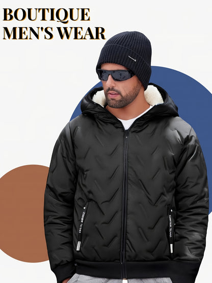Men'S Heavy-Duty Winter Jacket - Thermal Insulated Cold Weather Coat with Full-Zip Closure, Hooded Collar, Polyester Lining - Black Outerwear for Business, Casual, Outdoor - Easy-Care Non-Stretch Fabric - Fall/Winter Jacket f