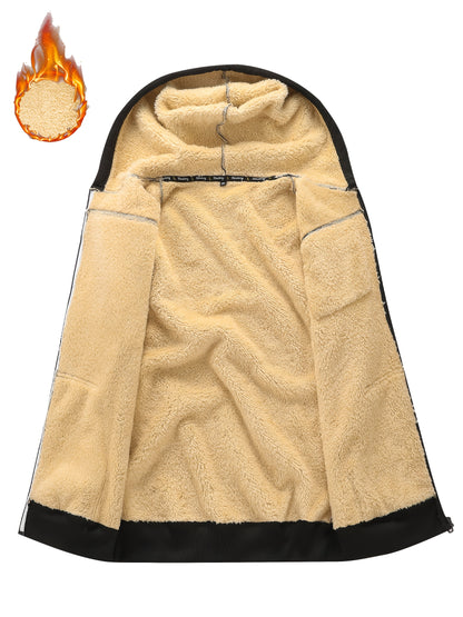A Men's casual sports warm fleece hooded jacket with zipper opening and pocket, suitable for outdoor and training activities, autumn and winter clothing | casual style hooded sweatshirt | zipper hooded sweatshirt, Fleece Jack