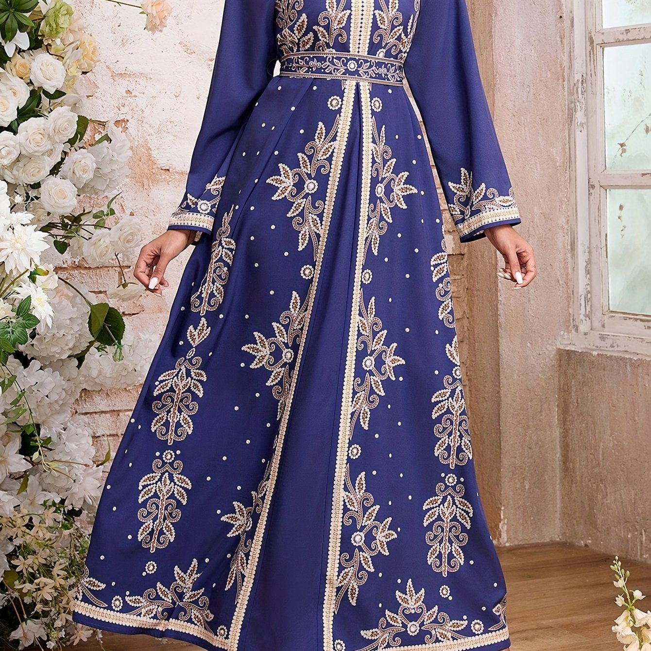 Women's Elegant Arabic Abaya Dress - Long Formal Muslim Wedding Gown with Floral Print, Navy Blue & Golden Islamic Rope for Everyday & Special Occasions - Machine Washable Non-See Through Islamic Clothing, Muslim Dress, Highq