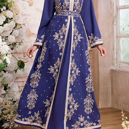 Women's Elegant Arabic Abaya Dress - Long Formal Muslim Wedding Gown with Floral Print, Navy Blue & Golden Islamic Rope for Everyday & Special Occasions - Machine Washable Non-See Through Islamic Clothing, Muslim Dress, Highq