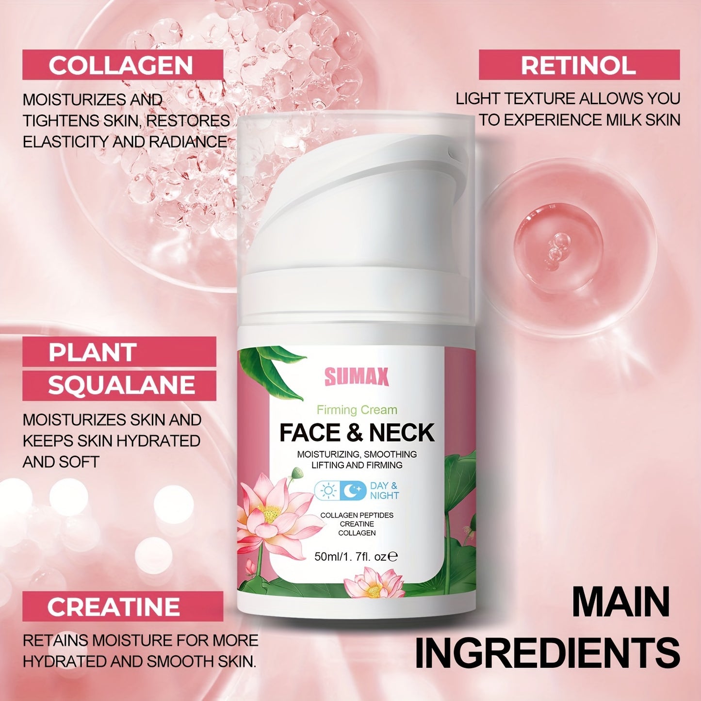 Sumax 1.69oz For Lotus Collagen Peptide Firming Face Cream - Contains Collagen, Retinol & Plant Squalane, Enhances Elasticity & Moisture For Smoother Skin, Alcohol-Free