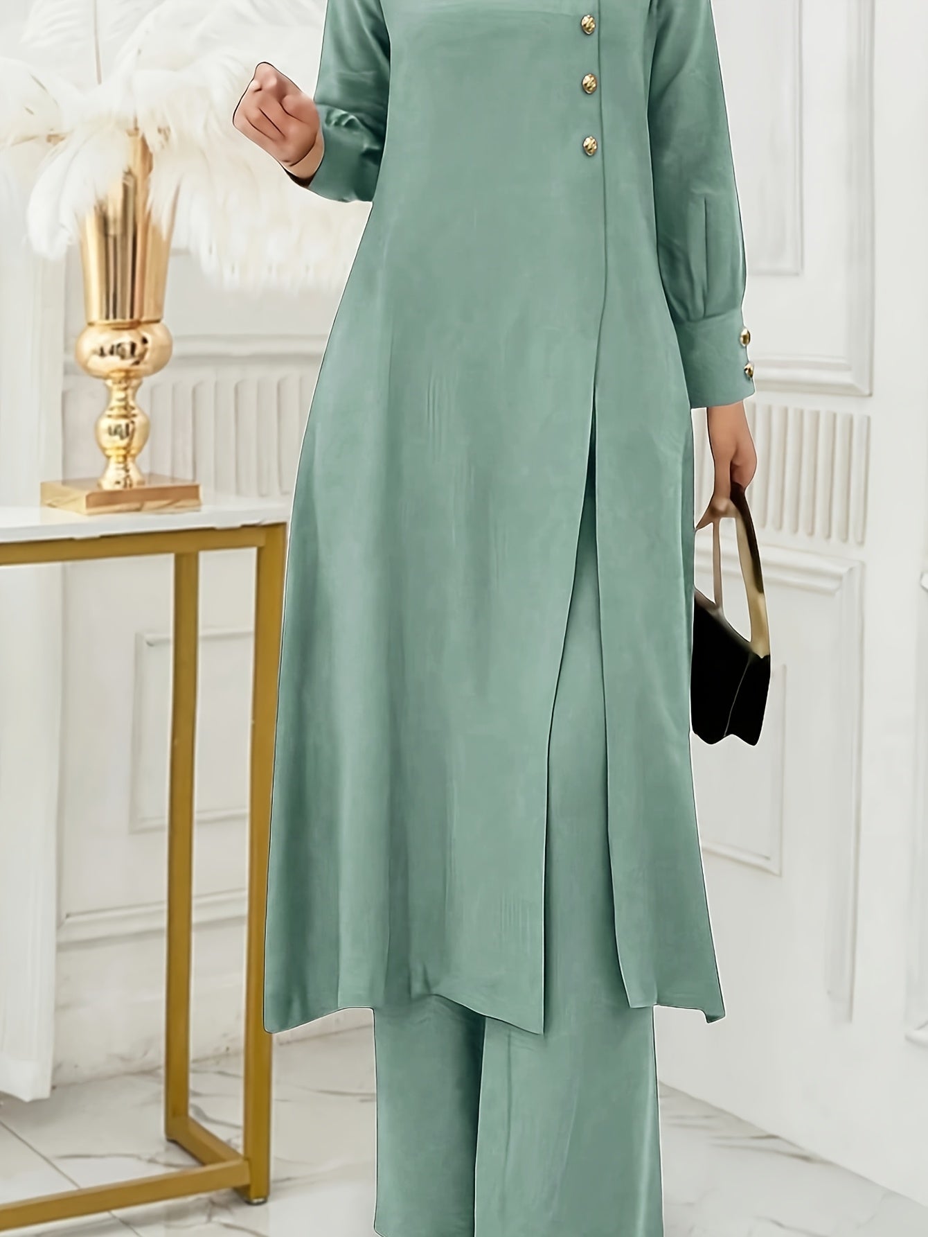 Ramadan Women'S Solid Color Button Design Long Sleeve Top and Pants Set, Arabic Style, Polyester, with Faux Button Detail, for All Seasons
