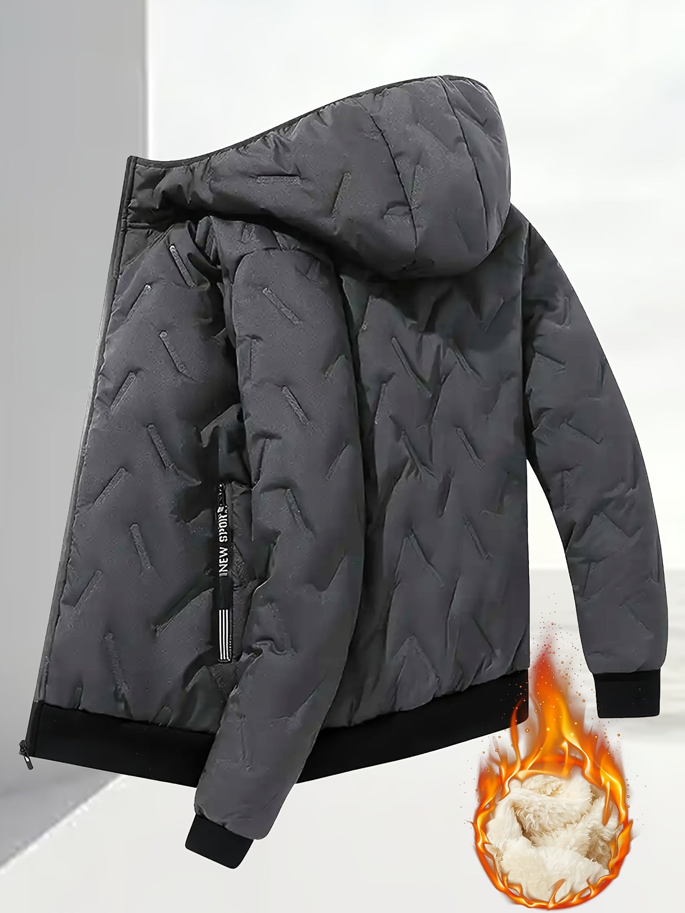 Men'S Winter Warm Fleece-Lined Zip-Up Hooded Jacket with Pockets - Navy Blue & Beige Color Block, Comfortable Polyester Fabric, Ideal for Outdoor Activities, Running, and Casual Wear, Winter Jacket