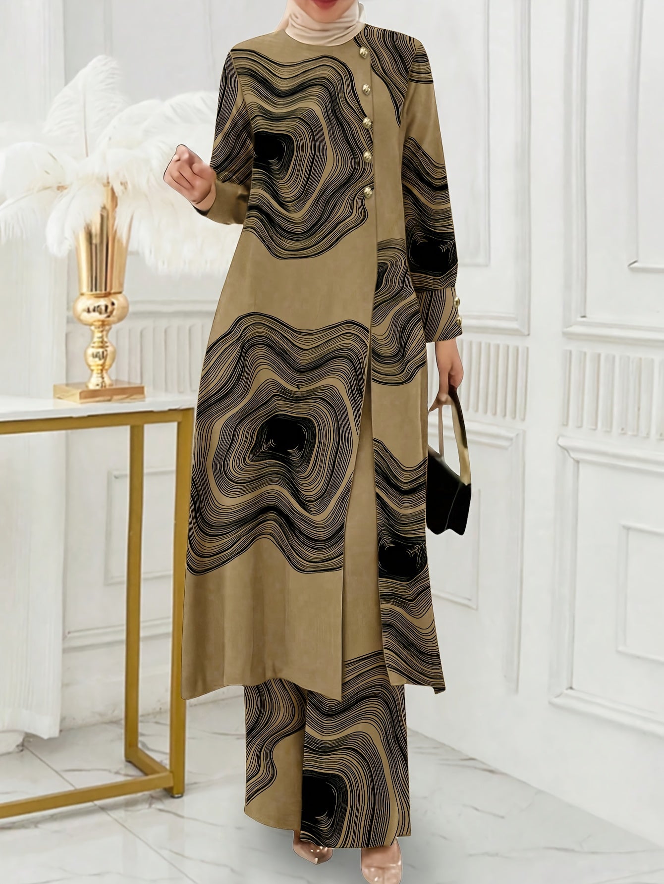 Ramadan Women'S Solid Color Button Design Long Sleeve Top and Pants Set, Arabic Style, Polyester, with Faux Button Detail, for All Seasons