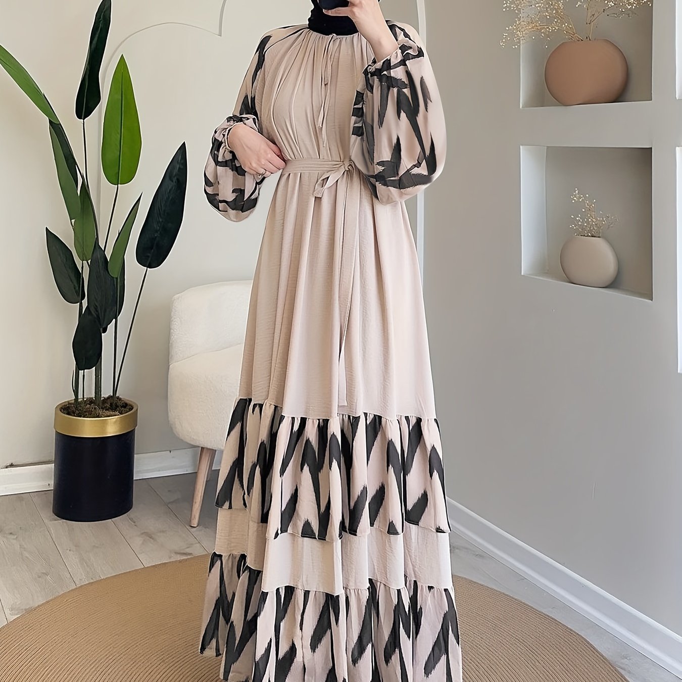 Elegant Women's Long Dress with Belt - Color Block, Lantern Sleeves, Ruffle Hem, Machine Washable - Perfect for Ramadan & Casual Attire