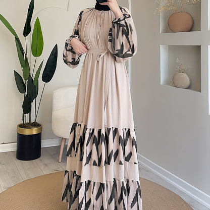 Elegant Women's Long Dress with Belt - Color Block, Lantern Sleeves, Ruffle Hem, Machine Washable - Perfect for Ramadan & Casual Attire