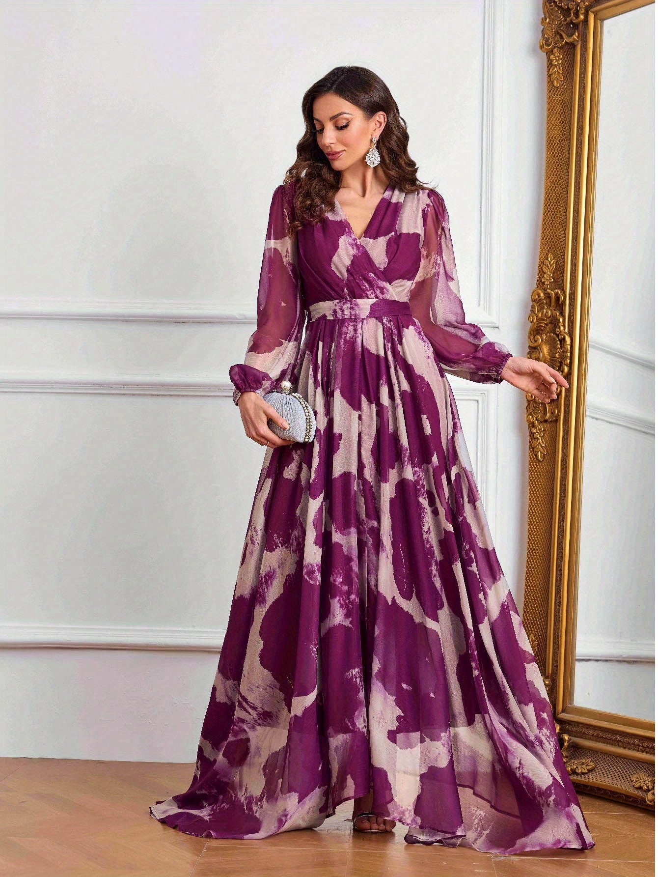Women's Elegant V-Neck Long Formal Dress - Non-Stretchy Flowy Gown in Purple/White/Black/Gray/, Belted Waist for Weddings, Galas, Office Events - All-Season Formal Party Evening Attire, Long Sleeve Formal Dress, Wedding Guest