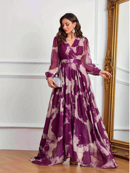 Women's Elegant V-Neck Long Formal Dress - Non-Stretchy Flowy Gown in Purple/White/Black/Gray/, Belted Waist for Weddings, Galas, Office Events - All-Season Formal Party Evening Attire, Long Sleeve Formal Dress, Wedding Guest