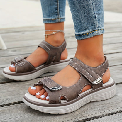 Women's Elegant Mary Jane Sandals - Adjustable Hook-and-Loop Ankle Strap, Breathable PU Cover Upper & Cushioned Insole, Comfortable Wedge Heel for Summer Beach, Casual & Outdoor Wear - Solid Color Design, Summer Beach Footwea