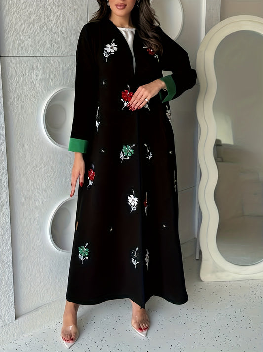 Women's Middle Eastern Turkish Kaftan Dress - Floral Print with Contrast Green Sleeves, Open Collar Long Sleeve Floor-Length Machine Washable Elegant Abaya for Casual & Formal Occasions, Nontransparent Fabric