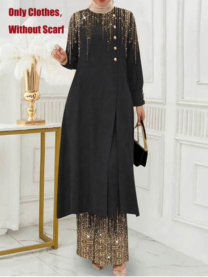 Ramadan Women'S Solid Color Button Design Long Sleeve Top and Pants Set, Arabic Style, Polyester, with Faux Button Detail, for All Seasons