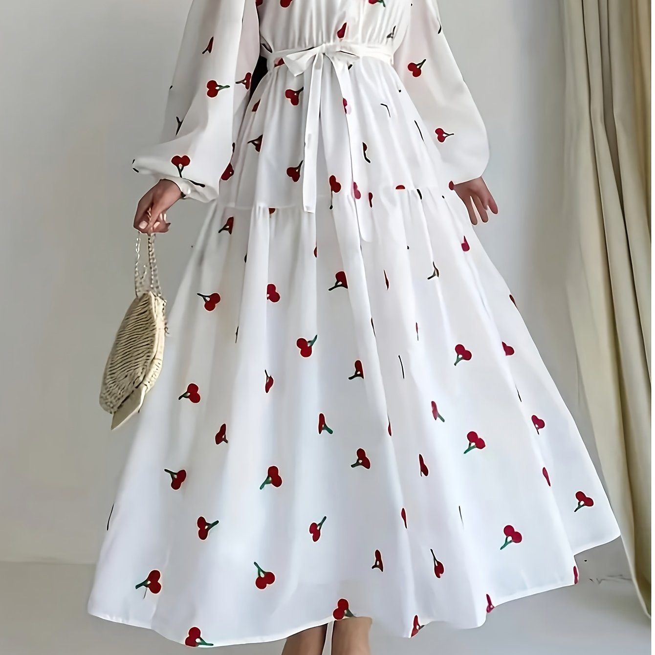Elegant White Floral Print Long Sleeve Dress for Women - Polyester, Non-Stretch, Machine Washable - Perfect for Spring & Fall, All-Season Wear, Spring Fashion | Floral Print Dress | Polyester Fabric