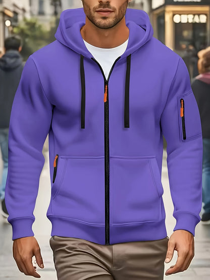 Men's Sporty Zip-Up Hoodie Jacket - Vibrant Orange with Black Zipper Accents, Polyester-Lined Comfort, Machine Washable Regular Fit for Autumn Winter Casual Outdoor Wear, Autumn Apparel
