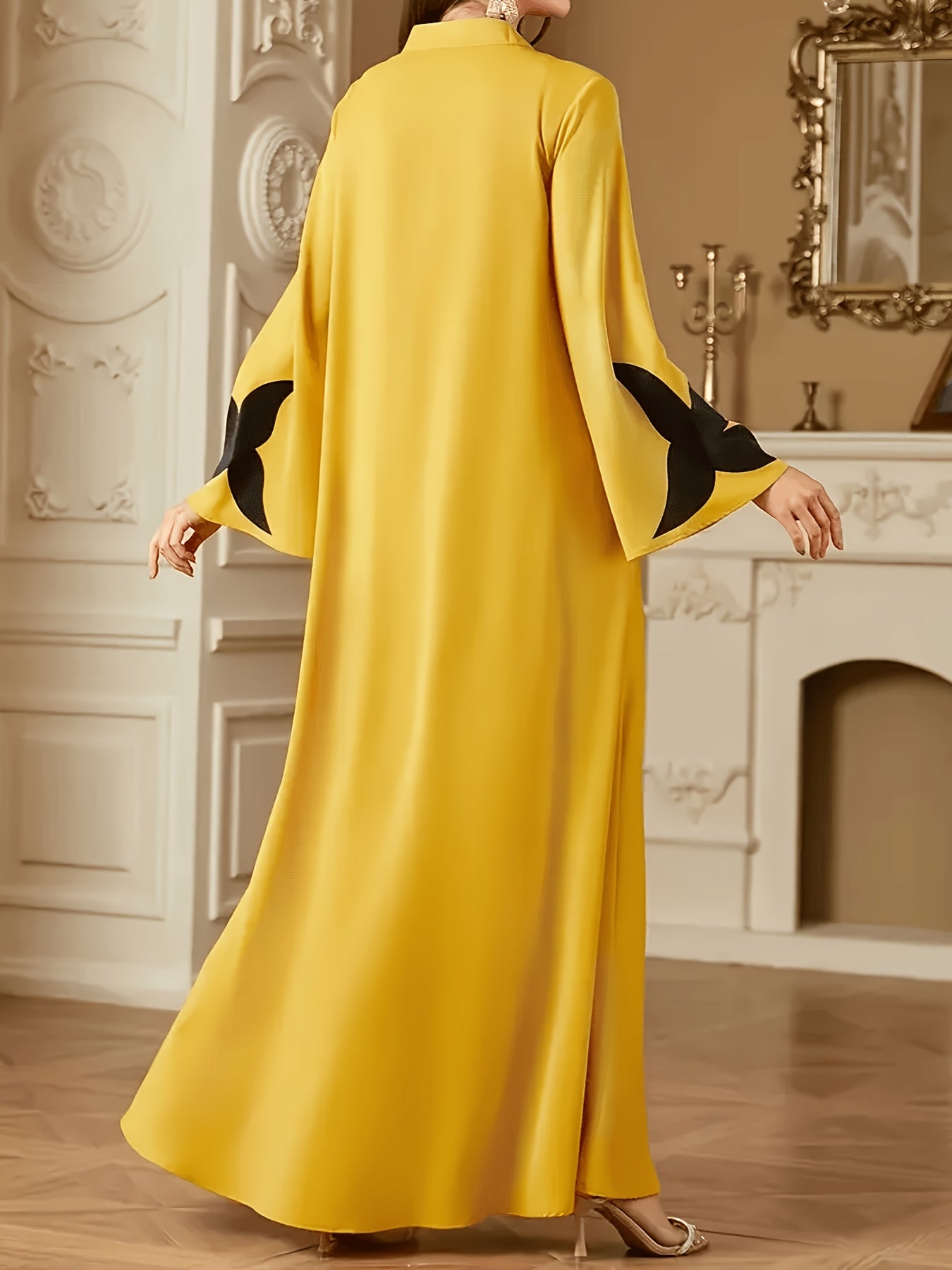 Elegant Yellow Floral Print V-Neck Kaftan Dress - Traditional Loose Fit Long Sleeve Maxi with Black Floral Patterns, Perfect for All Seasons, Festive Attire | Vneck Dress | Polyester Fabric