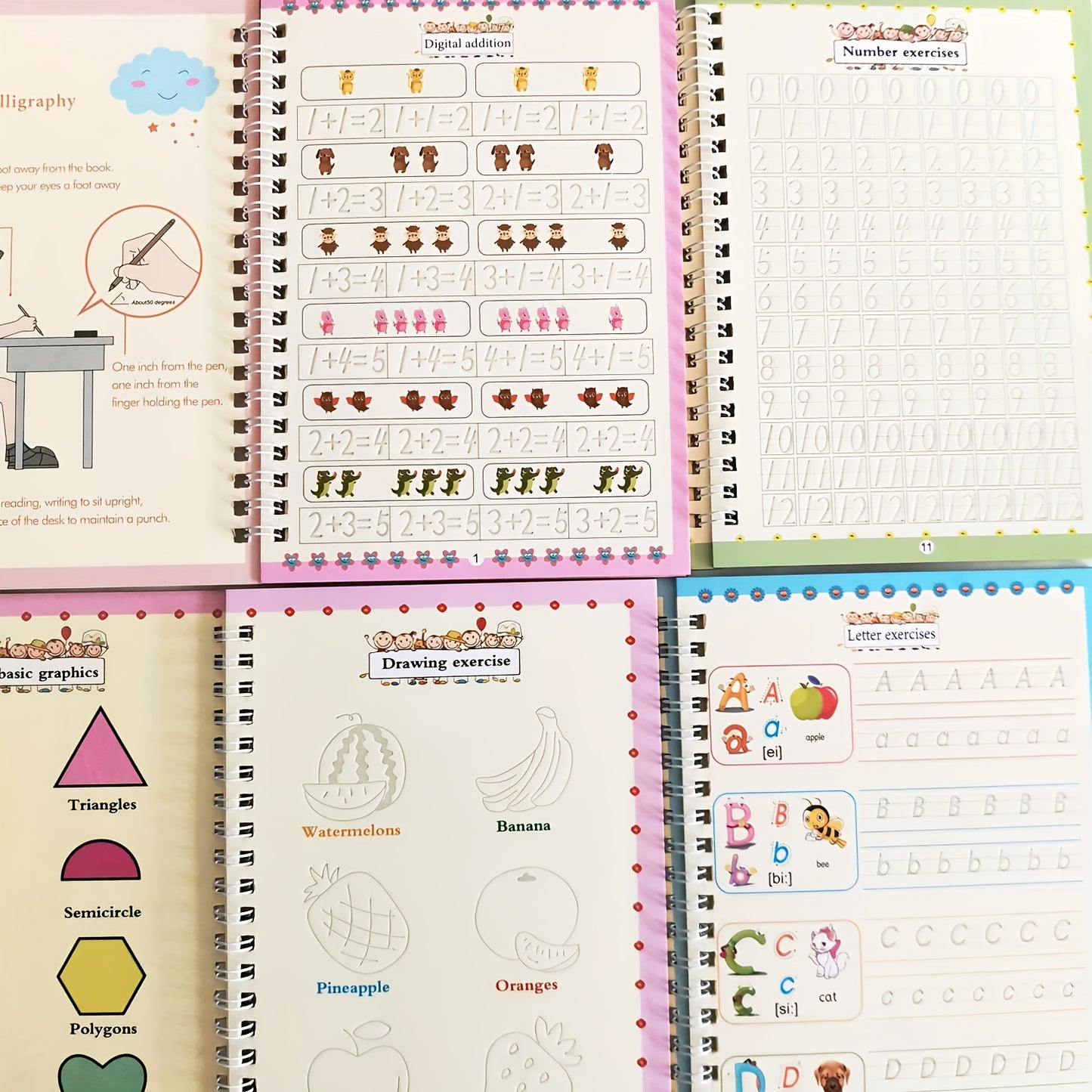 4pcs Magic Practice Copybooks Set for Kids, Reusable 3D Groove Writing Pad, Traceable Letters, Numbers, Painting and Math Workbooks for Preschoolers - Educational Handwriting Practice Ki