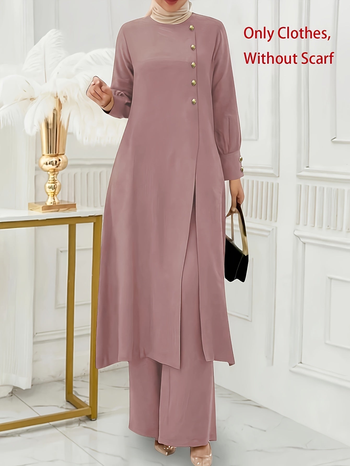 Ramadan Women'S Solid Color Button Design Long Sleeve Top and Pants Set, Arabic Style, Polyester, with Faux Button Detail, for All Seasons