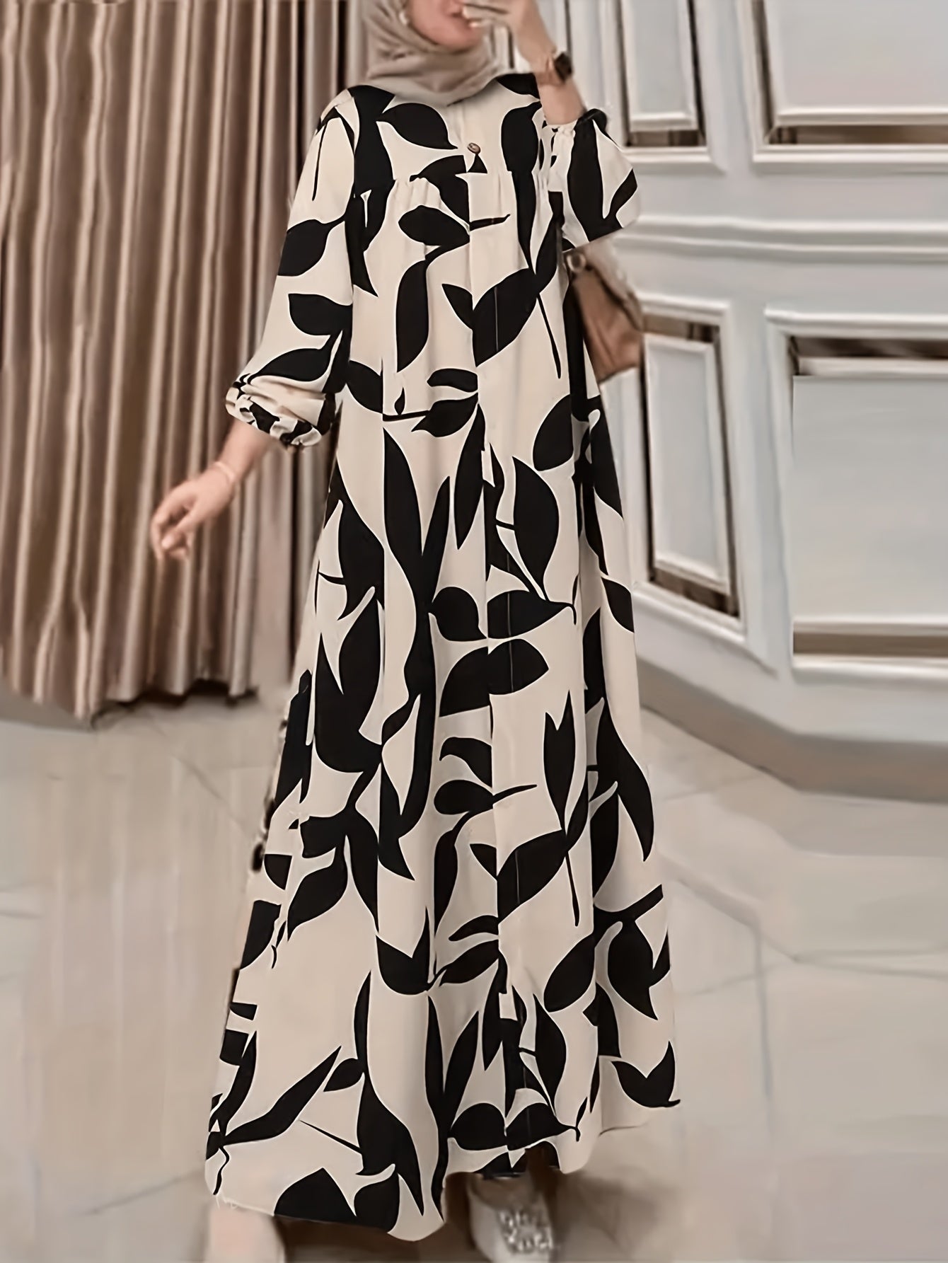 Women's Arabian-Style Plant Print Lantern Sleeve Maxi Dress - Black & Loose Fit A-Line Traditional Dress, Machine Washable All-Season Long Dress for Casual & Formal Occasions