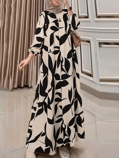 Women's Arabian-Style Plant Print Lantern Sleeve Maxi Dress - Black & Loose Fit A-Line Traditional Dress, Machine Washable All-Season Long Dress for Casual & Formal Occasions