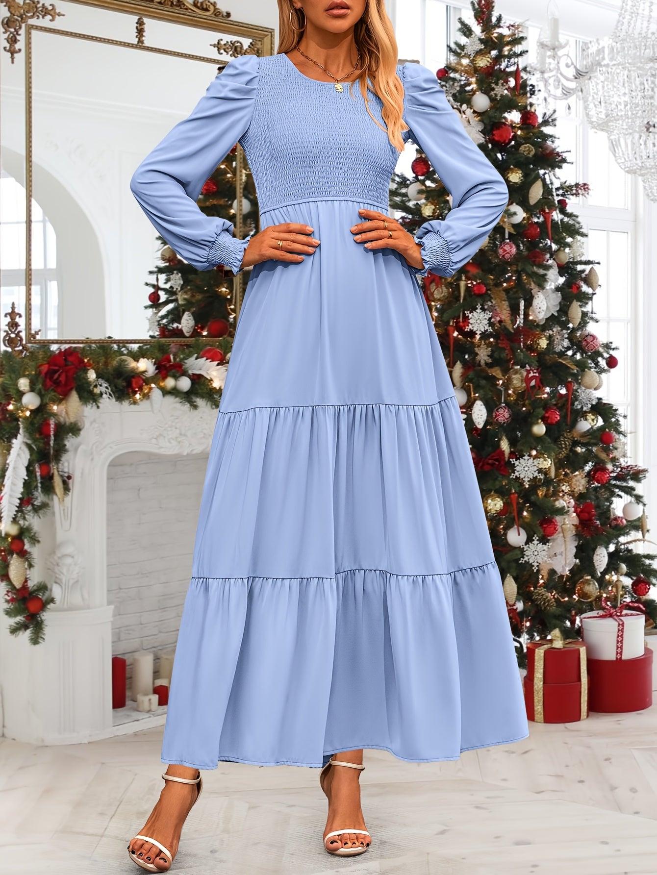 Women's Fall Wedding Guest Dress Long-sleeved Extra-long Dress Casual Crew-neck Pleated A-line Flowing Dress