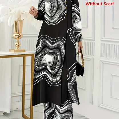 Ramadan, Women Button-Decorated Solid Color Long Sleeve Top & Pants Set, Arabic Style Clothing, Only Clothes, Without Headscarf