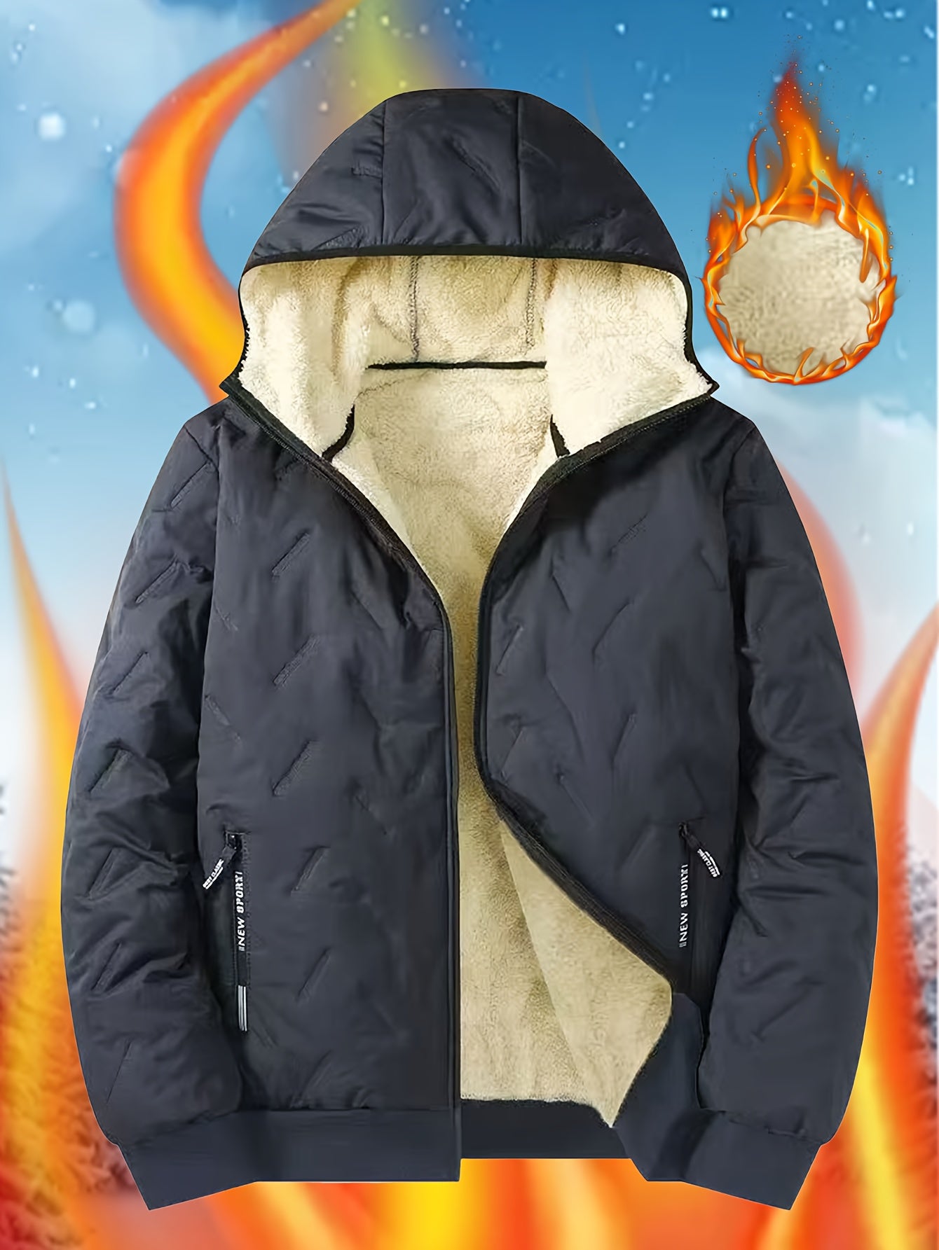 Men'S Winter Warm Fleece-Lined Zip-Up Hooded Jacket with Pockets - Navy Blue & Beige Color Block, Comfortable Polyester Fabric, Ideal for Outdoor Activities, Running, and Casual Wear, Winter Jacket