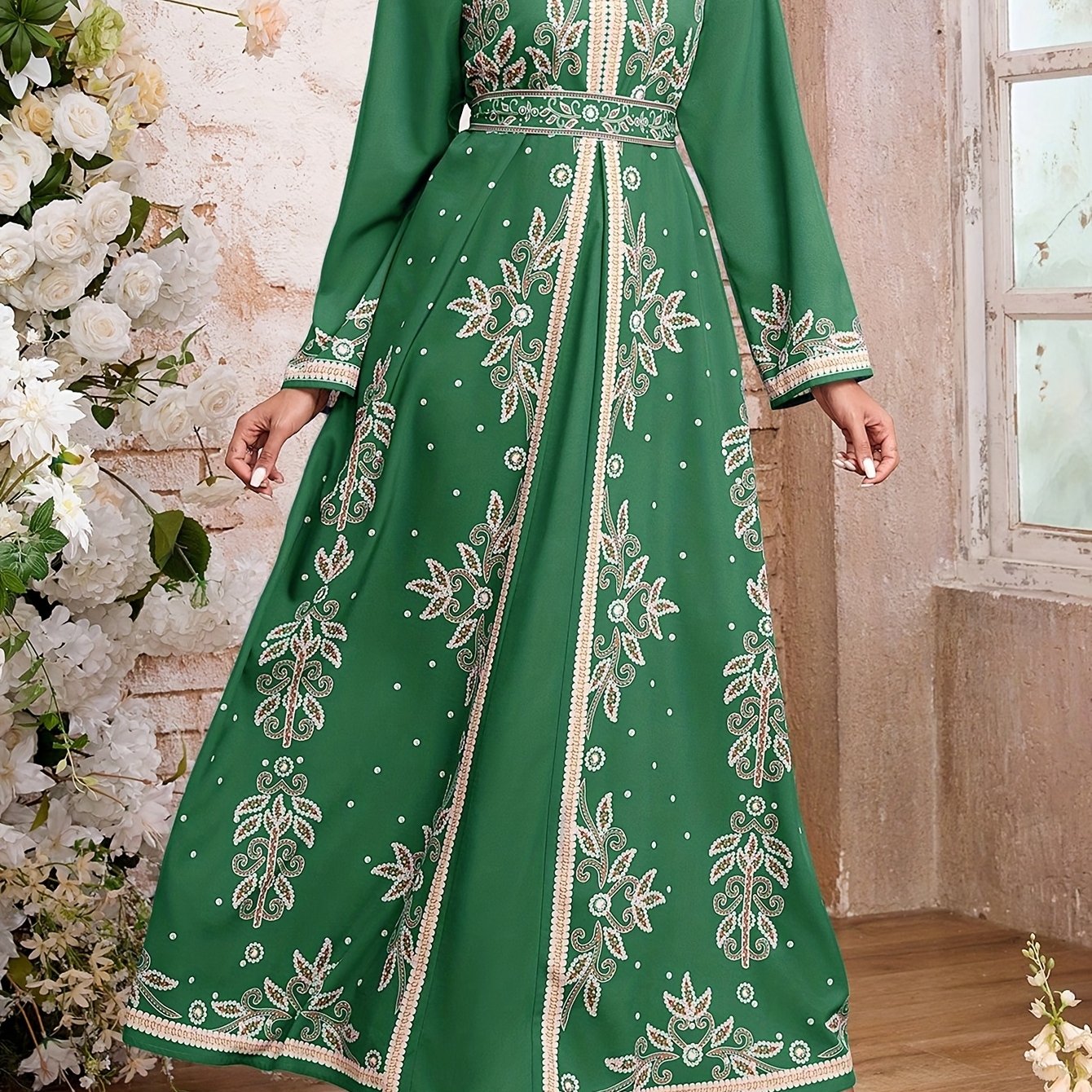 Women's Elegant Arabic Abaya Dress - Long Formal Muslim Wedding Gown with Floral Print, Navy Blue & Golden Islamic Rope for Everyday & Special Occasions - Machine Washable Non-See Through Islamic Clothing, Muslim Dress, Highq