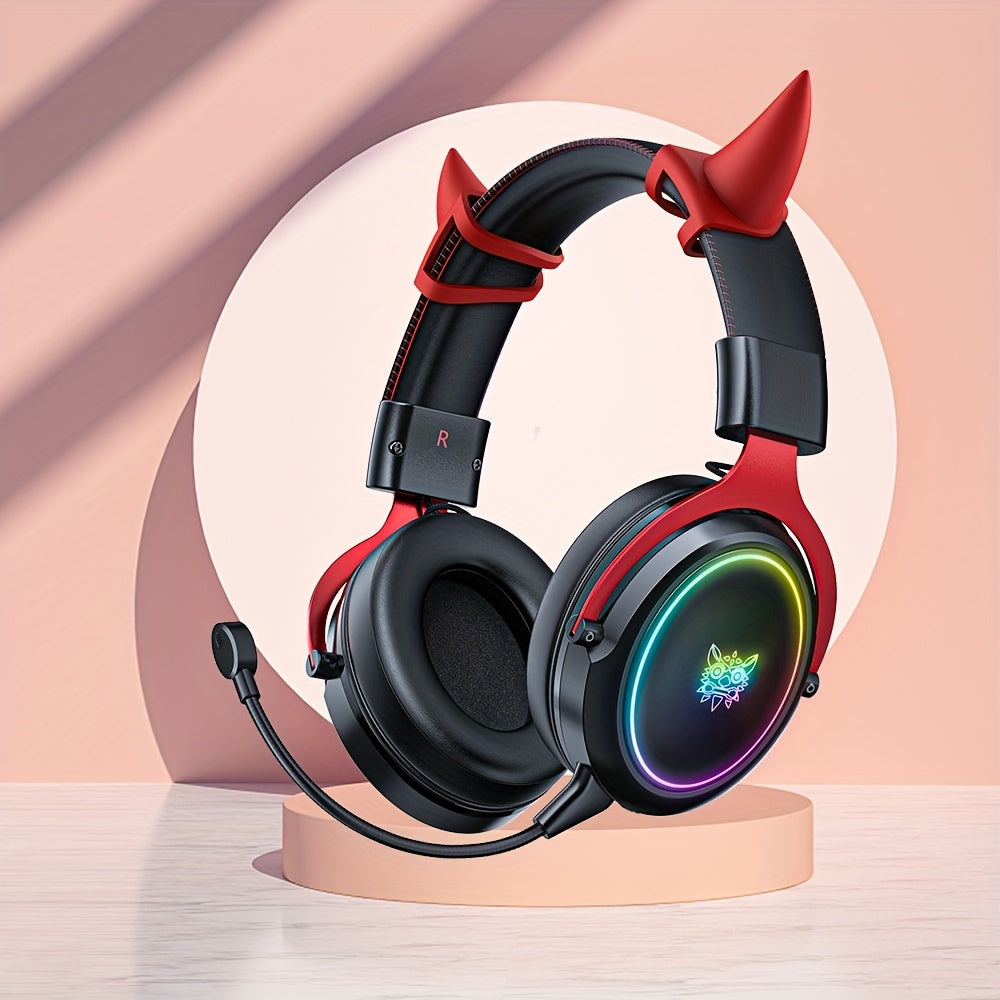 ONIKUMA Gaming Headset with Detachable Little Demon Horns, RGB Lighting, HD Microphone for PC Gaming - Volume Control, 3.5mm Jack