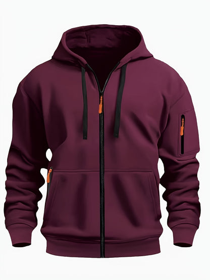 Men's Sporty Zip-Up Hoodie Jacket - Vibrant Orange with Black Zipper Accents, Polyester-Lined Comfort, Machine Washable Regular Fit for Autumn Winter Casual Outdoor Wear, Autumn Apparel