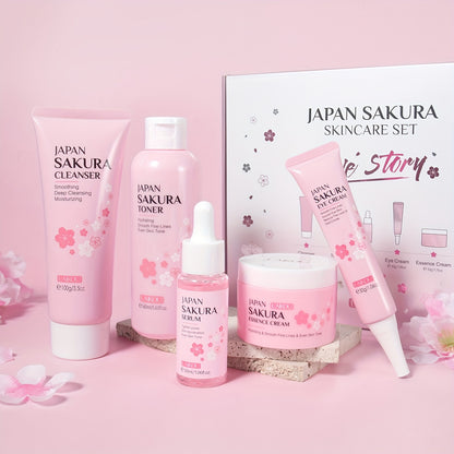 【7pcs Skin Care Set: Toner 5.41oz; Essence 1.01oz; Facial Cleanser 100g; Face Cream 50g; Eye Cream 30g; Hairband; Cleansing Sponge】LAIKOU JAPAN SAKURA SKINCARE SET With Hairband And Cleansing Sponge